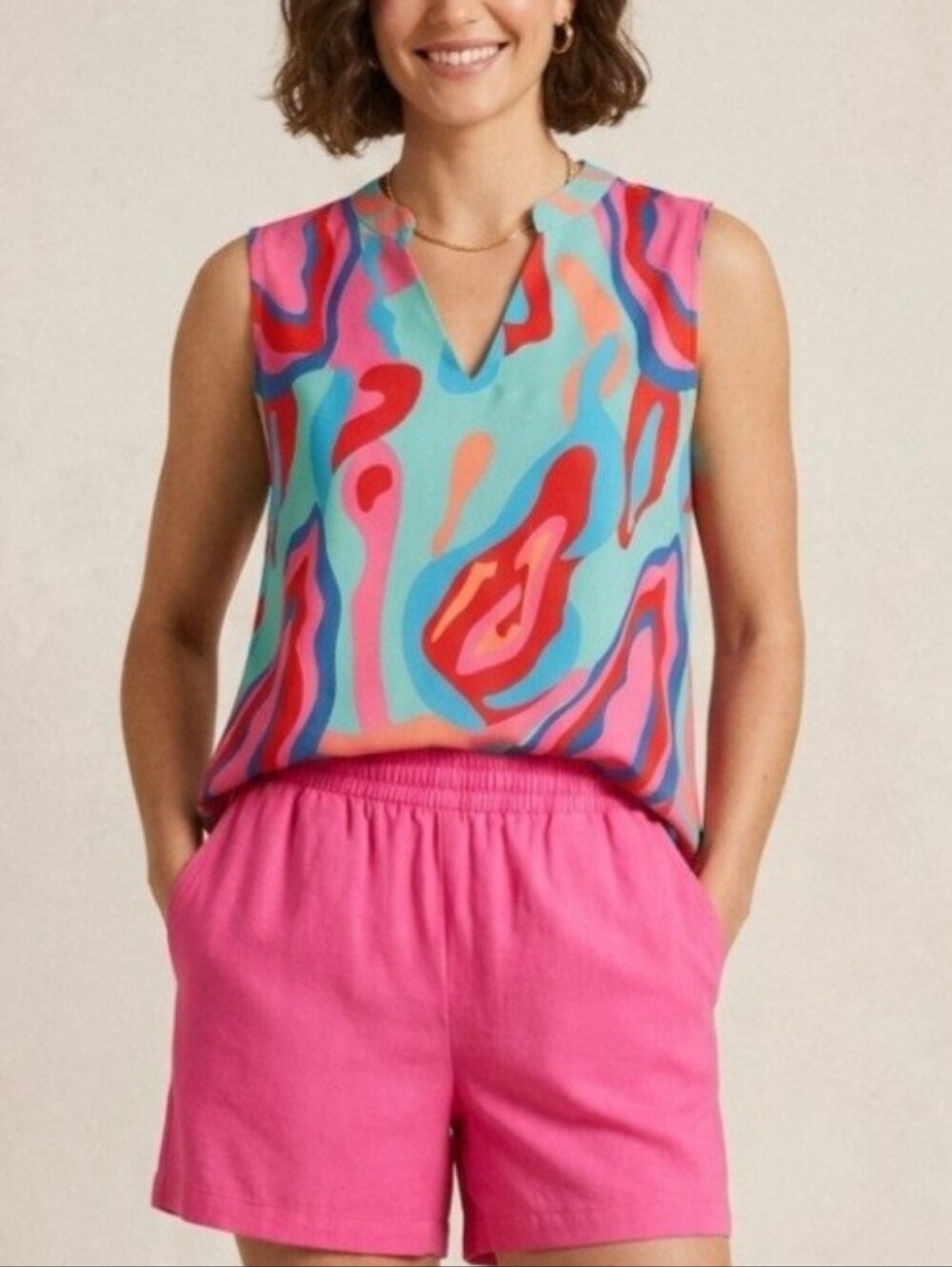 Moda Vibrant Multicolor Sleeveless V-Neck Top and Shorts Set